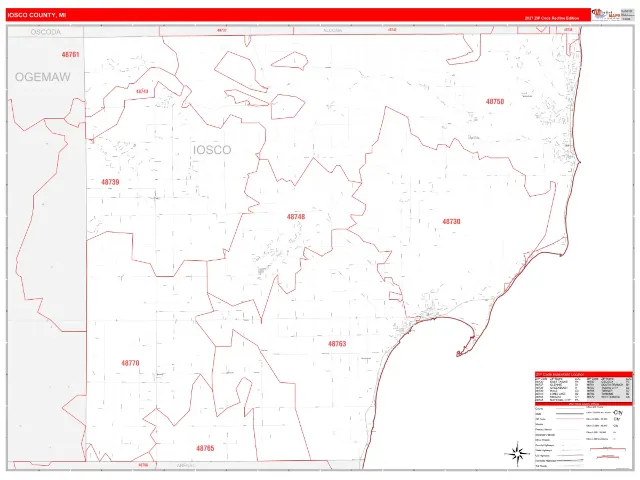 Iosco County, MI ZIP Code Wall Map, RedLine style