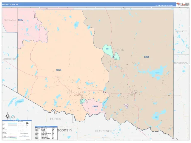 Iron County, MI ZIP Code Wall Map, ColorCast style