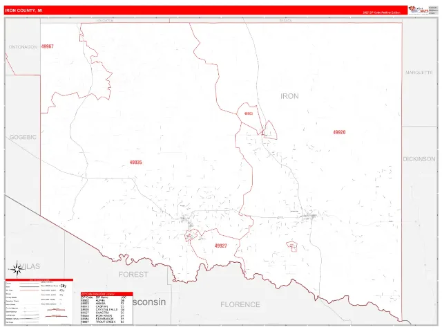 Iron County, MI ZIP Code Wall Map, RedLine style
