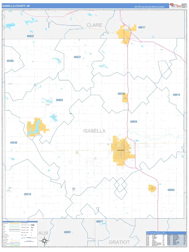 Isabella County, MI ZIP Code Wall Map, Business Reference style