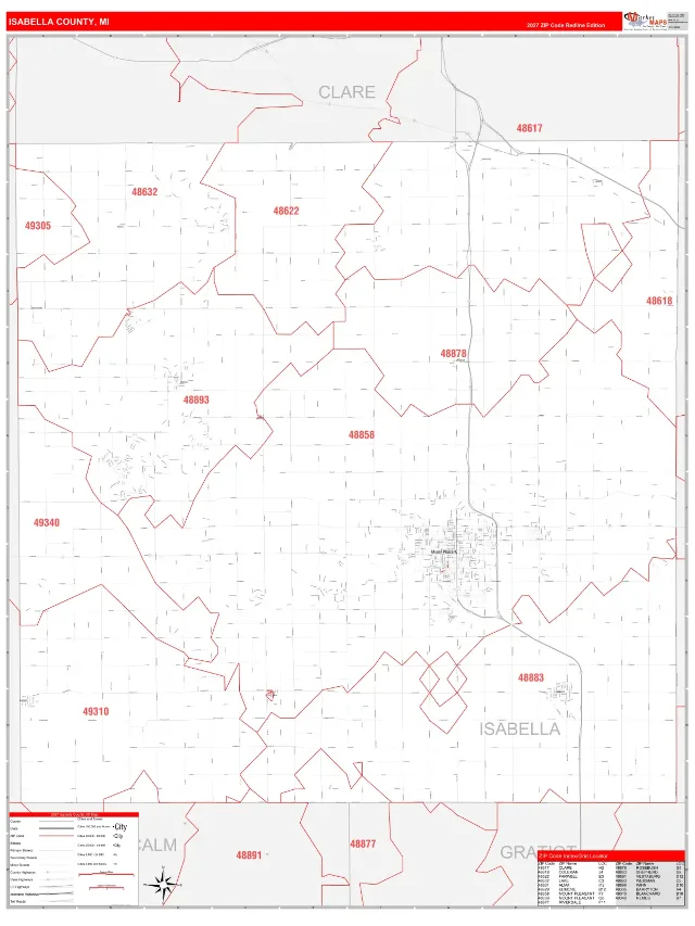 Isabella County, MI ZIP Code Wall Map, RedLine style