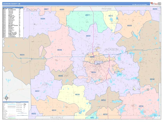 Jackson County, MI ZIP Code Wall Map, ColorCast style