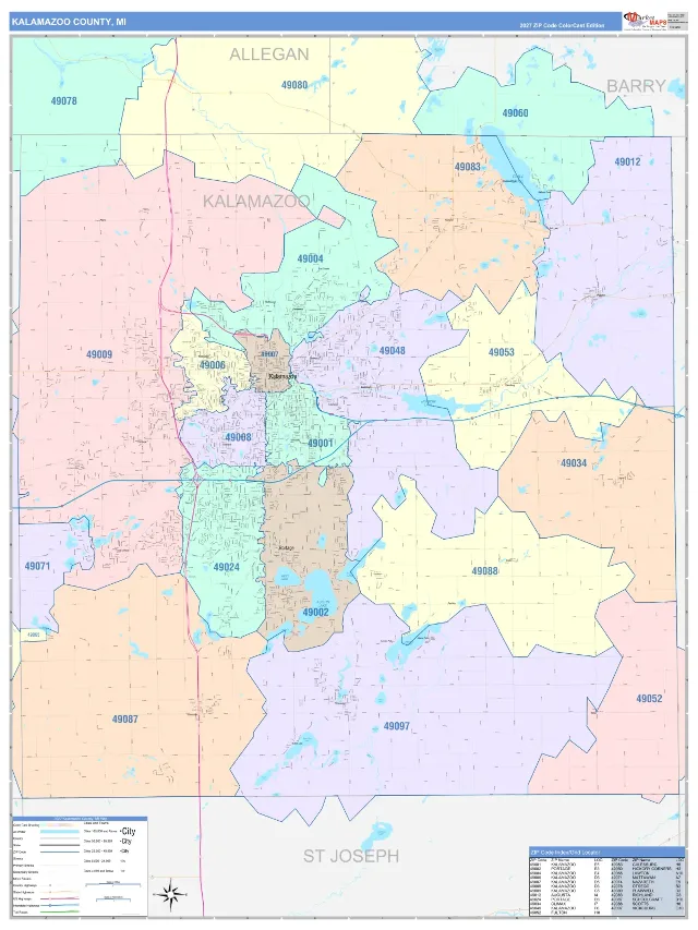 Kalamazoo County, MI ZIP Code Wall Map, ColorCast style