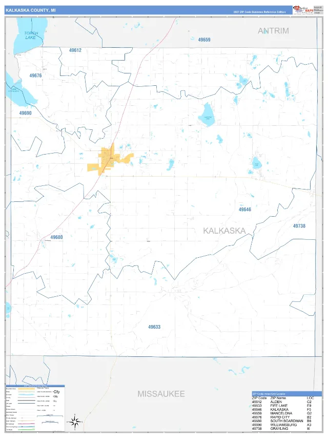 Kalkaska County, MI ZIP Code Wall Map, Business Reference style