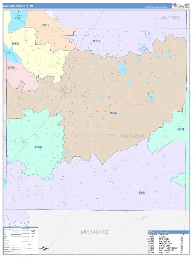Kalkaska County, MI ZIP Code Wall Map, ColorCast style