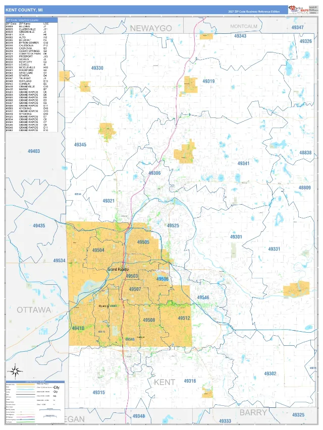 Kent County, MI ZIP Code Wall Map, Business Reference style