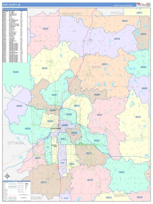 Kent County, MI ZIP Code Wall Map, ColorCast style