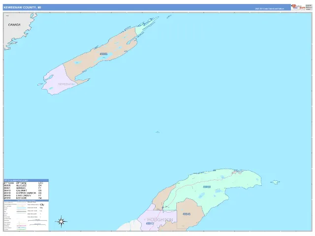 Keweenaw County, MI ZIP Code Wall Map, ColorCast style