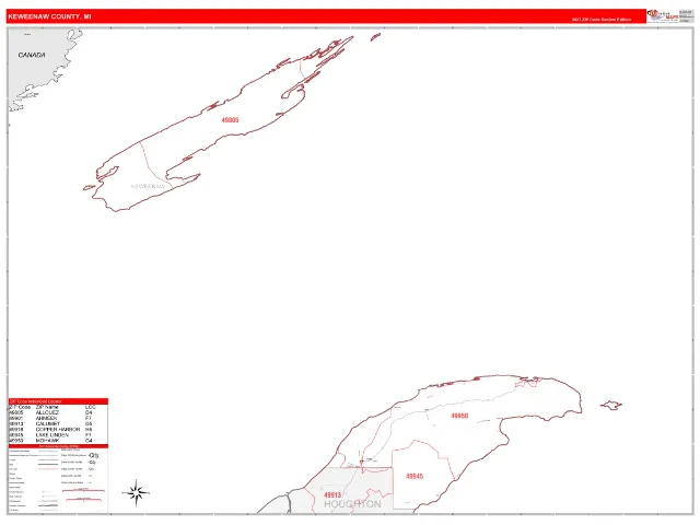 Keweenaw County, MI ZIP Code Wall Map, RedLine style