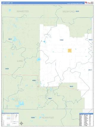 Lake County, MI Business Reference style ZIP Code wall map