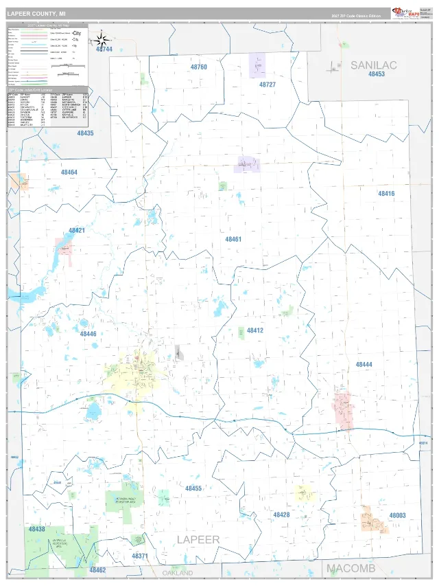 Lapeer County, MI ZIP Code Wall Map, Classic style