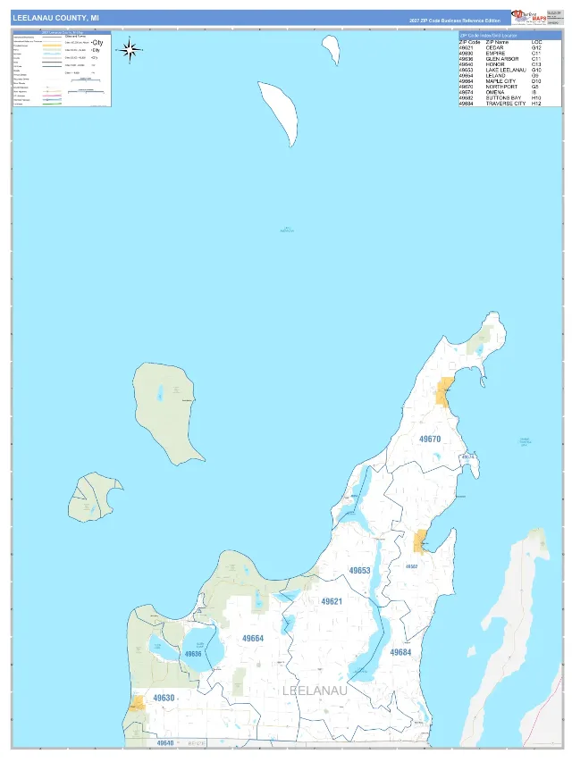 Leelanau County, MI ZIP Code Wall Map, Business Reference style