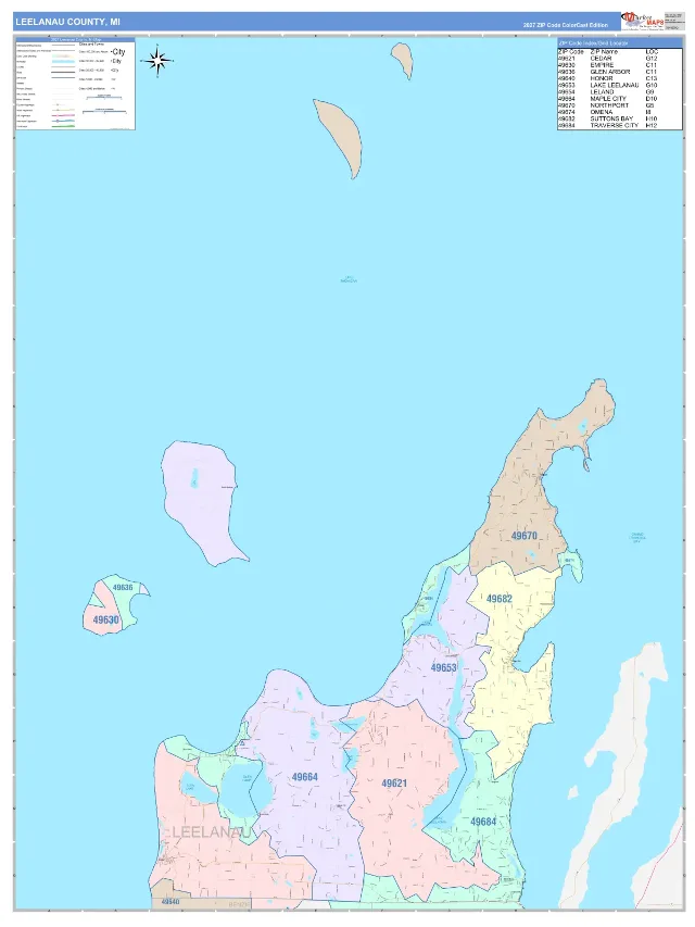 Leelanau County, MI ZIP Code Wall Map, ColorCast style