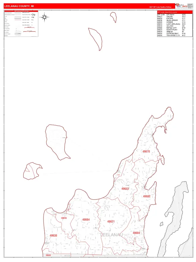 Leelanau County, MI ZIP Code Wall Map, RedLine style