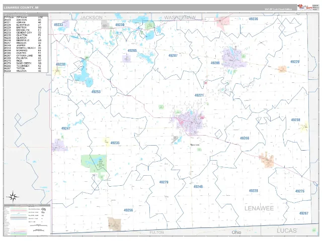 Lenawee County, MI ZIP Code Wall Map, Classic style