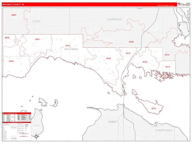 Mackinac County, MI ZIP Code Wall Map, RedLine style