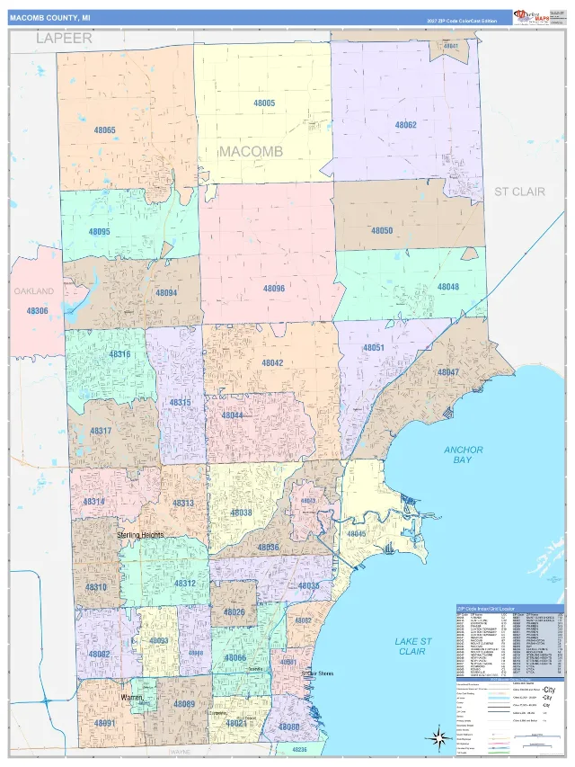 Macomb County, MI ZIP Code Wall Map, ColorCast style