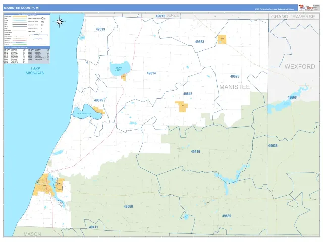 Manistee County, MI ZIP Code Wall Map, Business Reference style