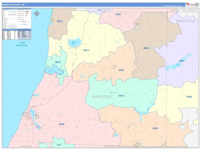 Manistee County, MI ZIP Code Wall Map, ColorCast style
