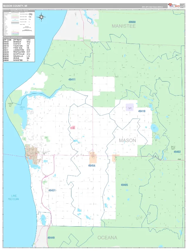 Mason County, MI ZIP Code Wall Map, Classic style