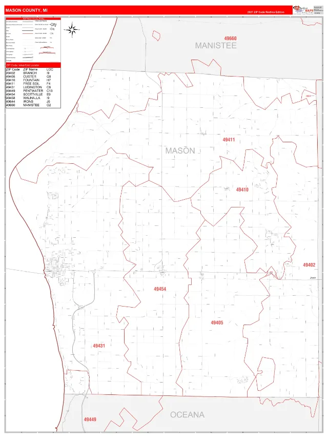 Mason County, MI ZIP Code Wall Map, RedLine style