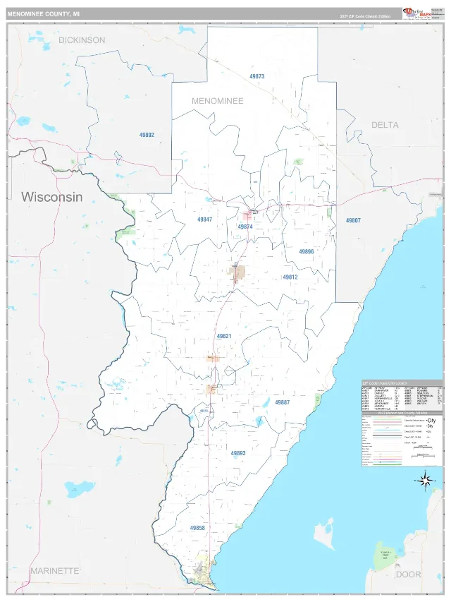Menominee County, MI ZIP Code Wall Map, Classic style