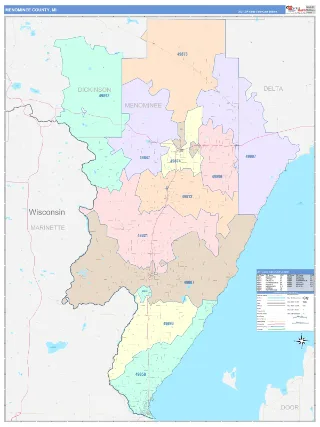 Menominee County, MI ColorCast style ZIP Code wall map
