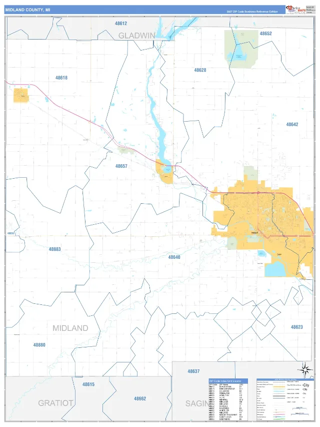 Midland County, MI ZIP Code Wall Map, Business Reference style