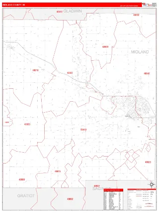 Midland County, MI RedLine style ZIP Code wall map