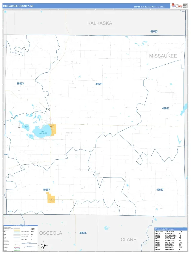 Missaukee County, MI ZIP Code Wall Map, Business Reference style