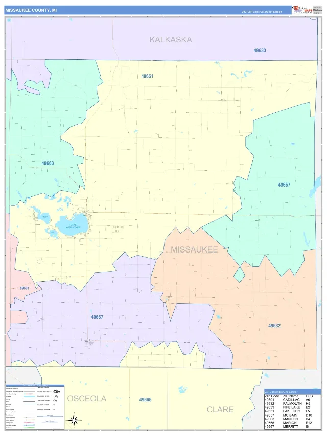 Missaukee County, MI ZIP Code Wall Map, ColorCast style