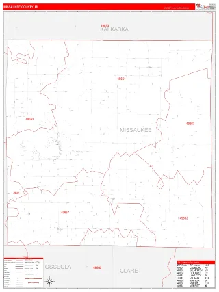 Missaukee County, MI RedLine style ZIP Code wall map