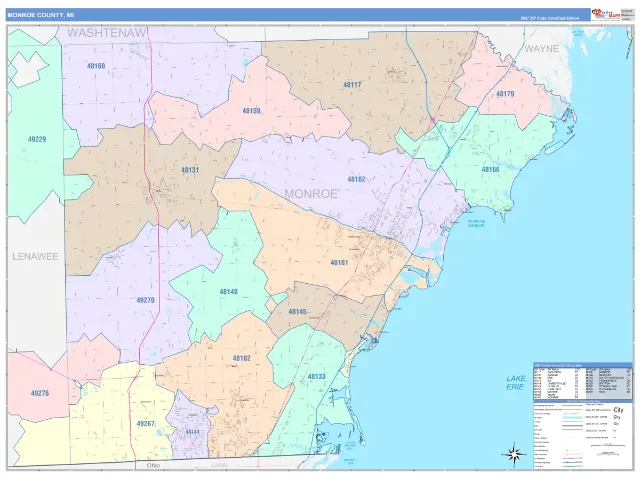 Monroe County, MI ZIP Code Wall Map, ColorCast style