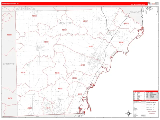 Monroe County, MI ZIP Code Wall Map, RedLine style