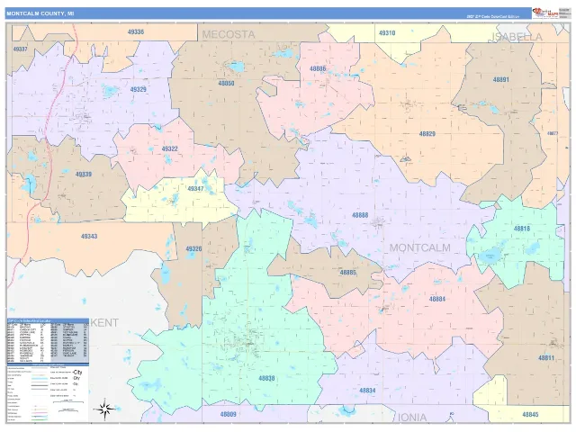 Montcalm County, MI ZIP Code Wall Map, ColorCast style