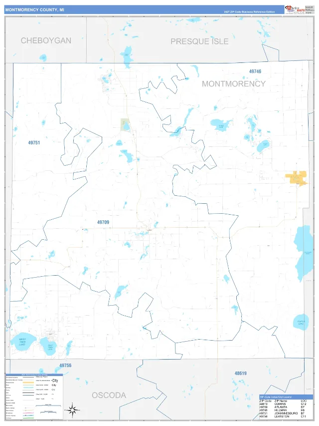Montmorency County, MI ZIP Code Wall Map, Business Reference style