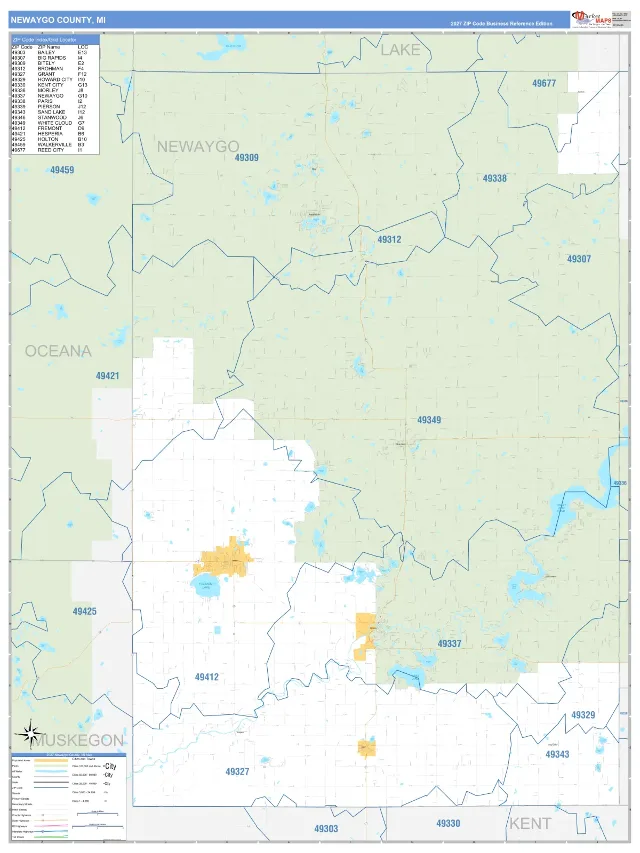 Newaygo County, MI ZIP Code Wall Map, Business Reference style