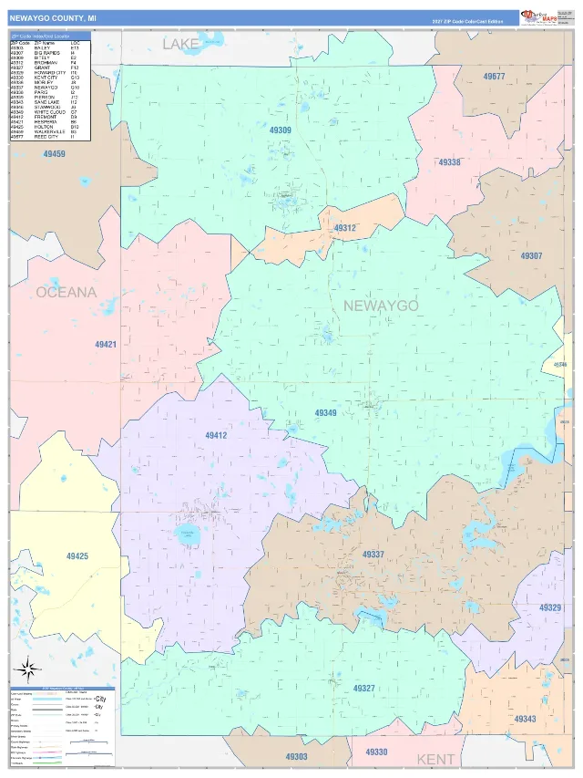 Newaygo County, MI ZIP Code Wall Map, ColorCast style