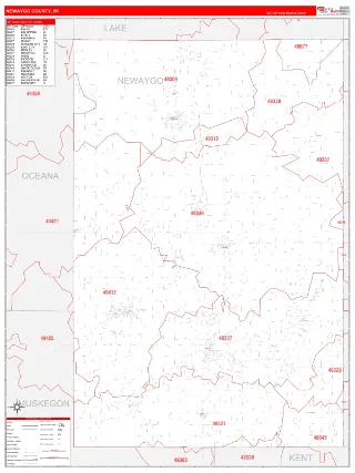 Newaygo County, MI RedLine style ZIP Code wall map
