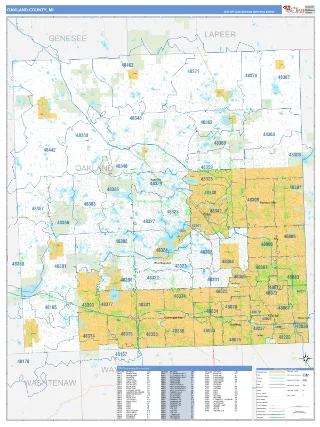 Oakland County, MI Business Reference style ZIP Code wall map