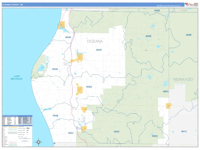 Oceana County, MI ZIP Code Wall Map, Business Reference style