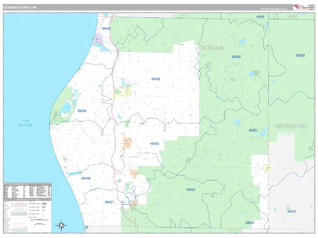 Oceana County, MI ZIP Code Wall Map, Classic style