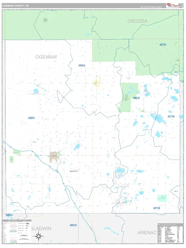 Ogemaw County, MI ZIP Code Wall Map, Classic style