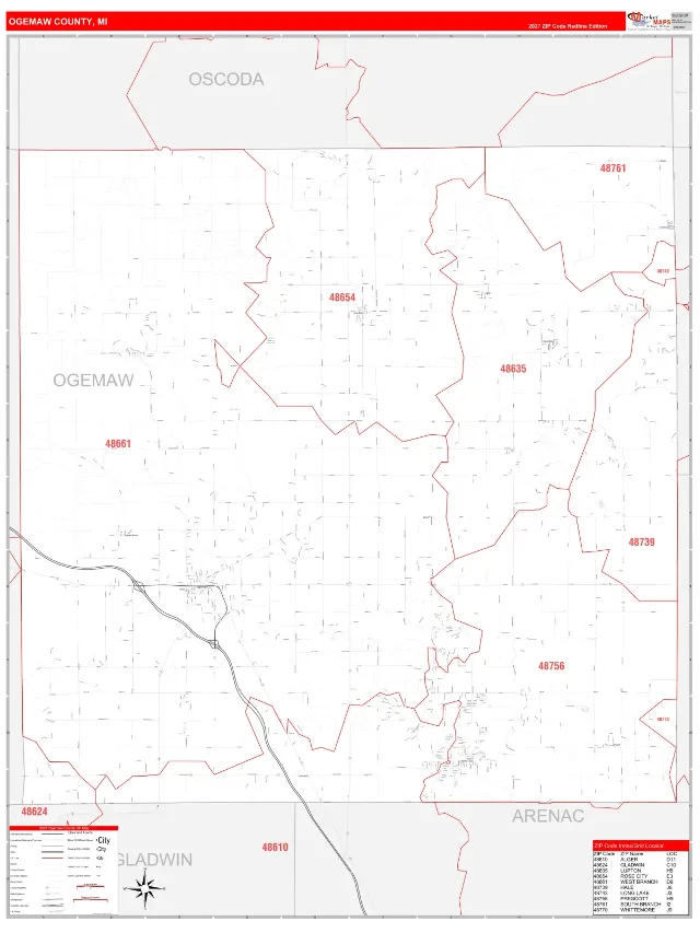 Ogemaw County, MI ZIP Code Wall Map, RedLine style