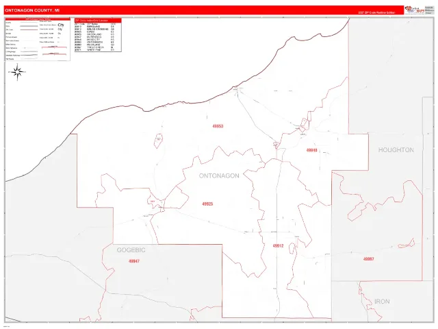 Ontonagon County, MI ZIP Code Wall Map, RedLine style