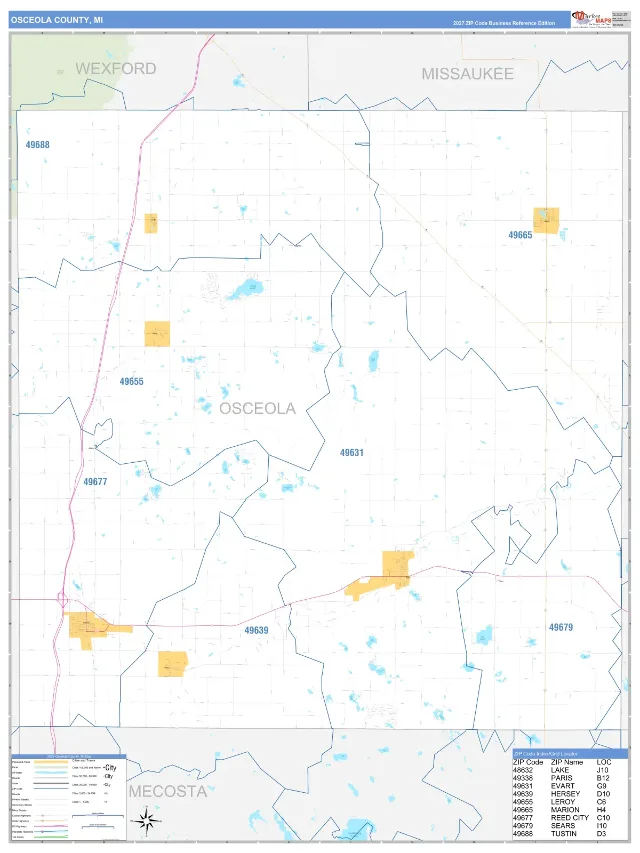 Osceola County, MI ZIP Code Wall Map, Business Reference style