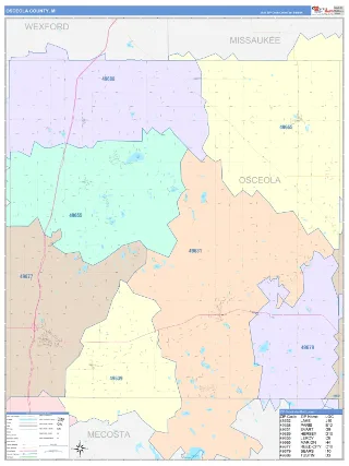 Osceola County, MI ColorCast style ZIP Code wall map