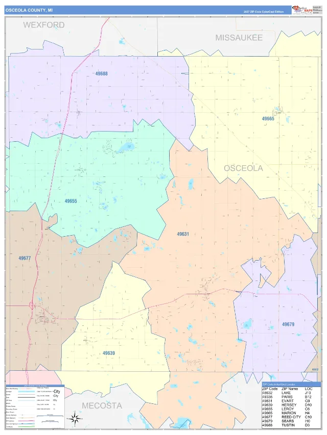 Osceola County, MI ZIP Code Wall Map, ColorCast style