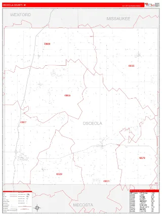 Osceola County, MI RedLine style ZIP Code wall map