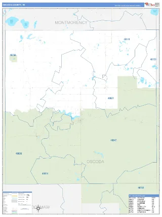 Oscoda County, MI Business Reference style ZIP Code wall map